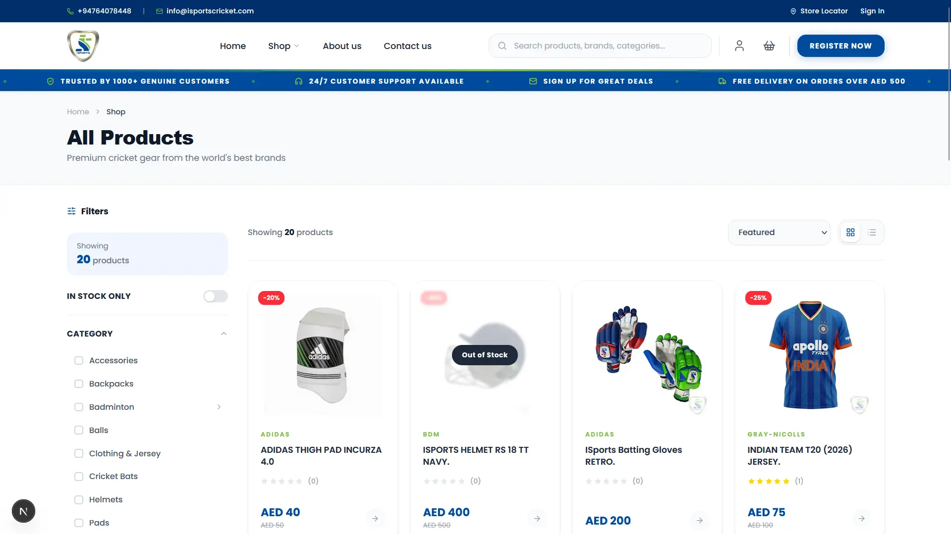 iSports Cricket Store - desktop storefront view